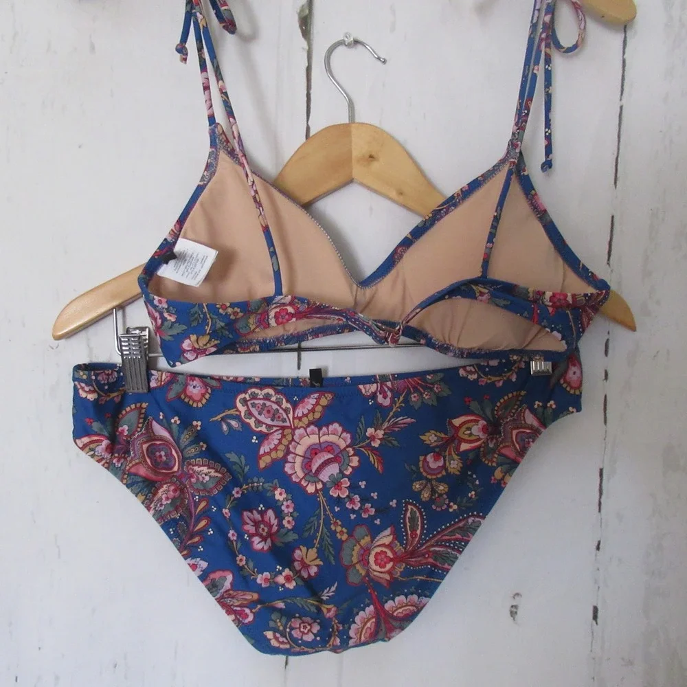J Crew Bikini S Swimsuit Top Bottom Blue Floral Print Triangle Retro Boho